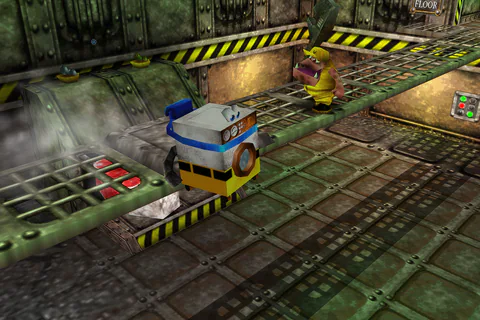 Washer approaching a Skivvy on a factory catwalk